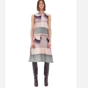 Celine Eyelash Print Colorblock Gray/Pink Sleeveless Silk Dress Size FR 36, US 4